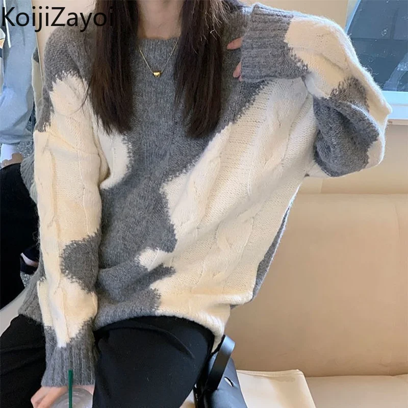 

Koijizayoi Patchwork Color Women Thick Warm Sweater Long Sleeves O Neck Casual Loose Outwear Pullovers Students Chic Jumpers
