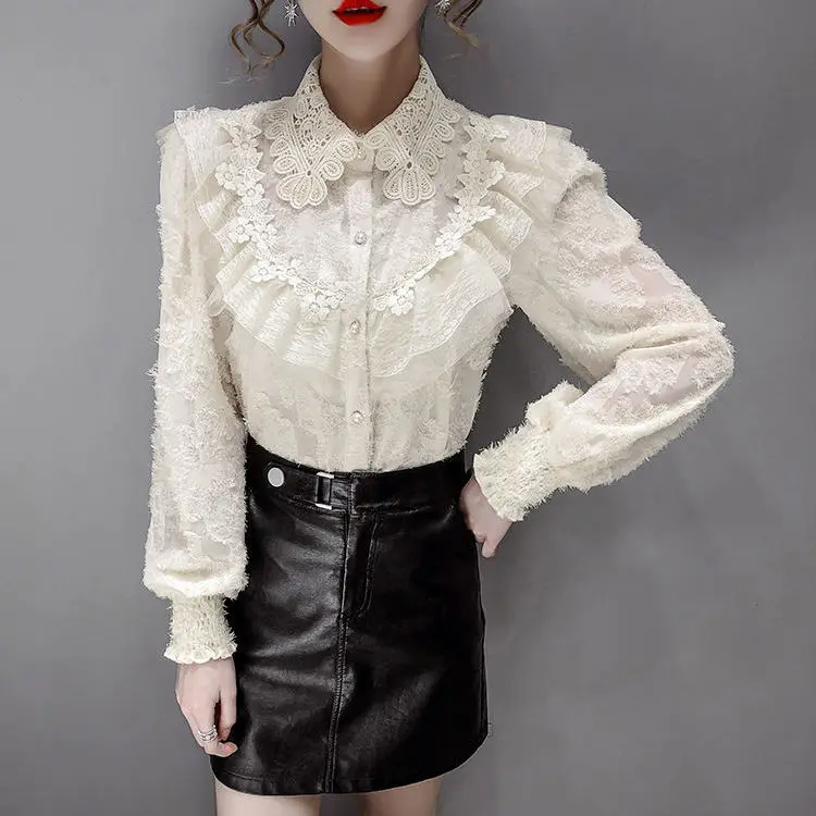 Женская блузка 2021 Осень Зима Стиль кружевная прострочка воротник поло рубашка с