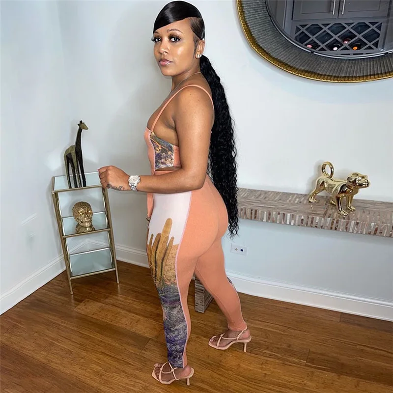 

BIIKPIIK Casual Lounge Wear Female Tracksuits Skinny Print Vintage 2 Piece Sets Summer Bodycon Top+Pants Matching Sets Sportwear