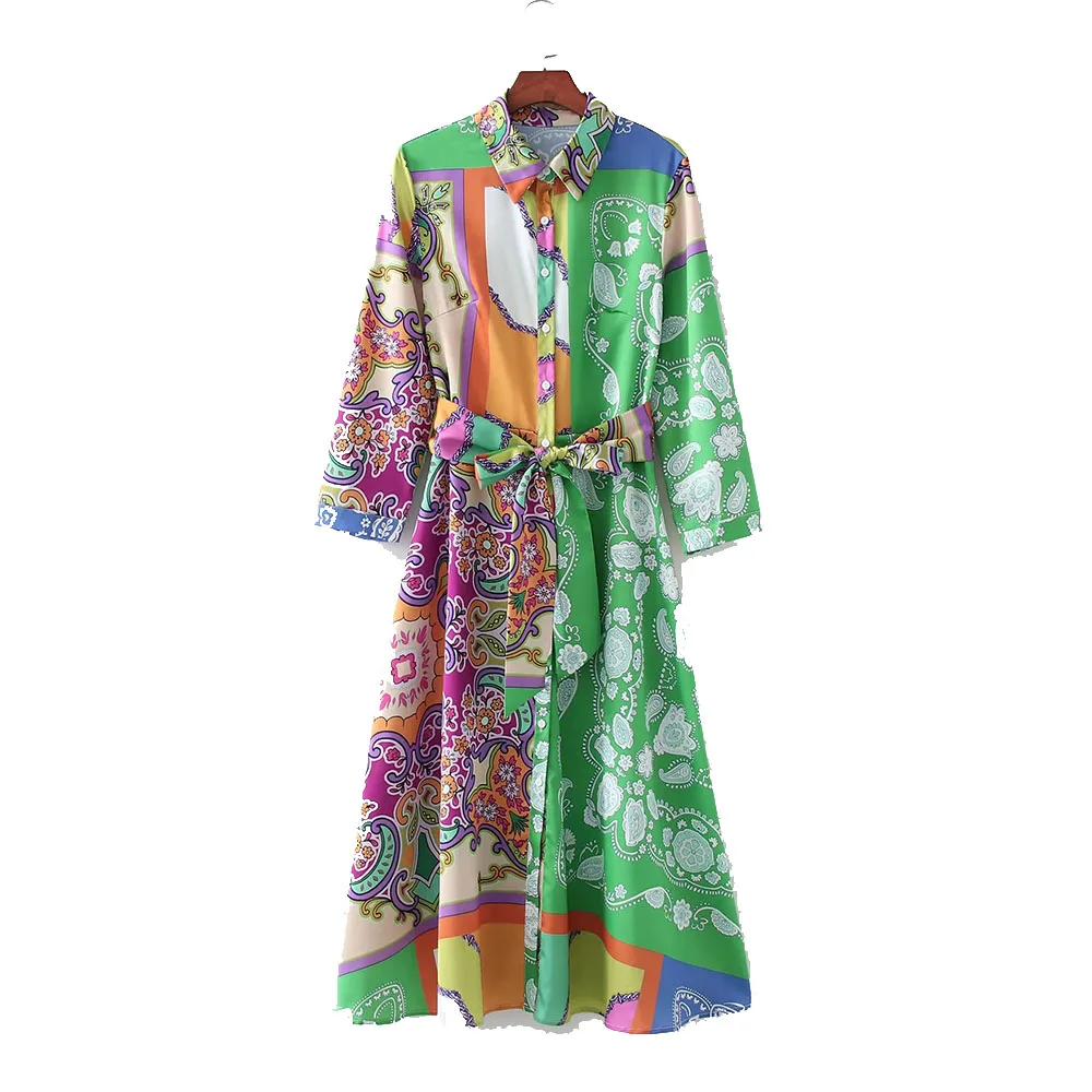 

Summer Women Satin Printing Long Sleeve TurnDown Collar Slim Long Dress Female Single Breasted Dresses Ladies Vintage Dress