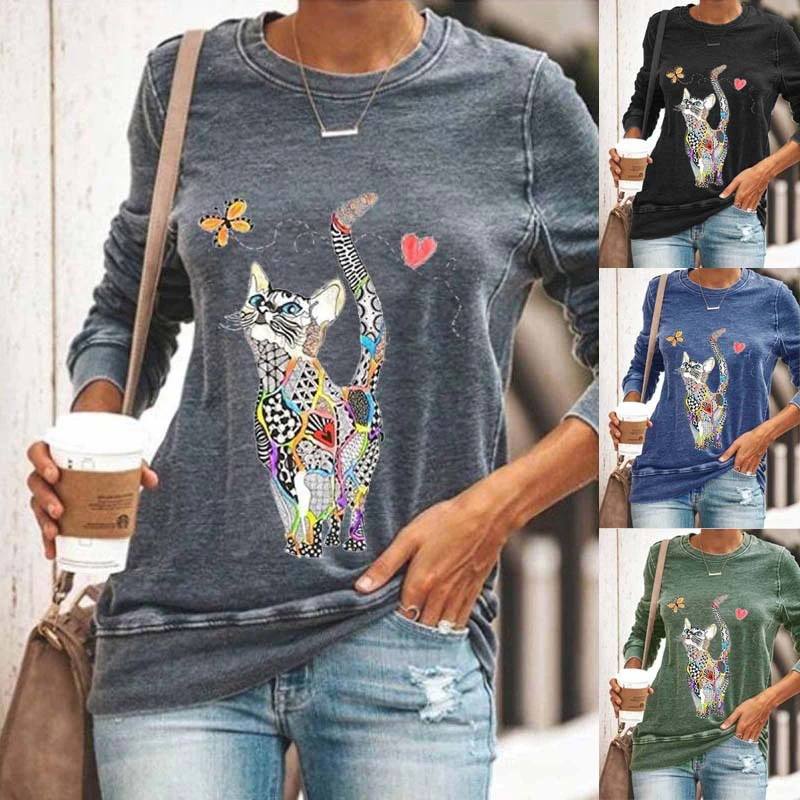 Модная повседневная женская футболка в стиле Харадзюку с принтом кота недорогая