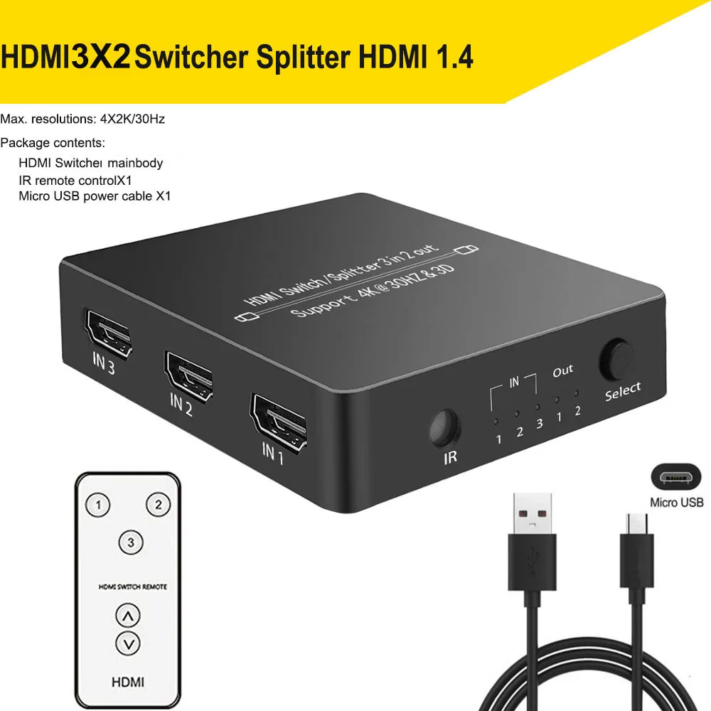 HDMI 1.4 3X2 4K HDMI коммутатор 2X4 HDMI переключатель разветвитель 2X2 2X8 2 в 2 Выход 2 в 4 Выход 2 в 8 Выход пульт дистанционного управления 3D блок питания - Цвет: HDMI 1.4 3X2
