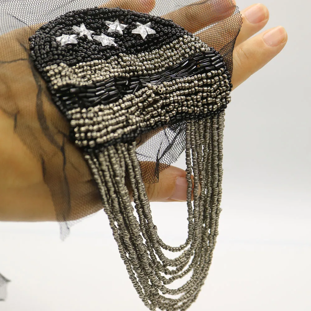 2 шт./компл. черного цвета с бахромой из бисера вышивка золотой нитью для одежды в