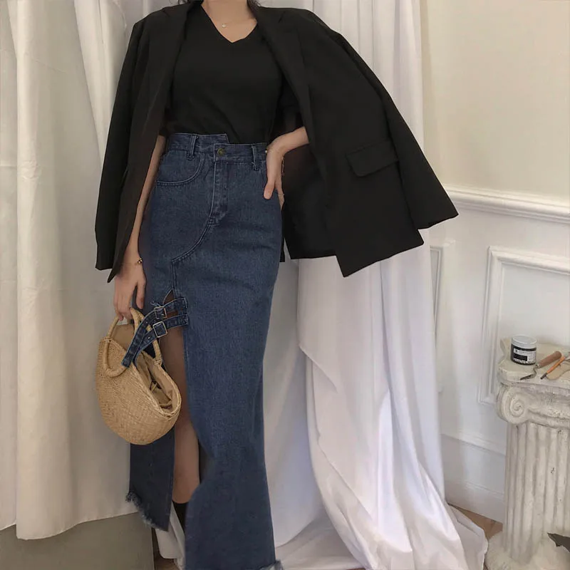 Женская длинная джинсовая юбка Корейская винтажная макси с запахом и разрезом
