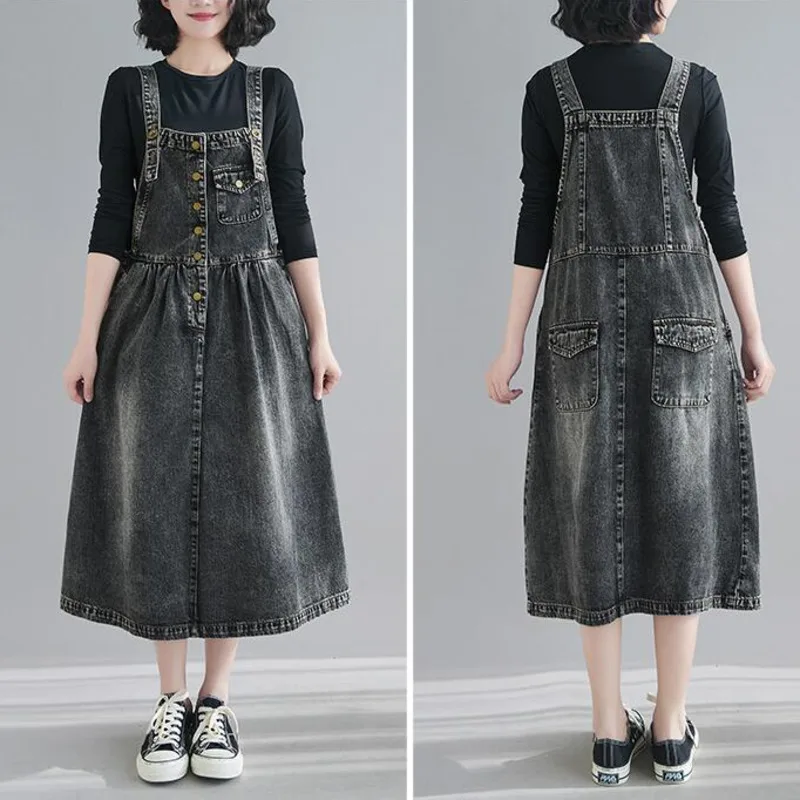 Женское джинсовое платье комбинезон #2445 черно синее однобортное свободное