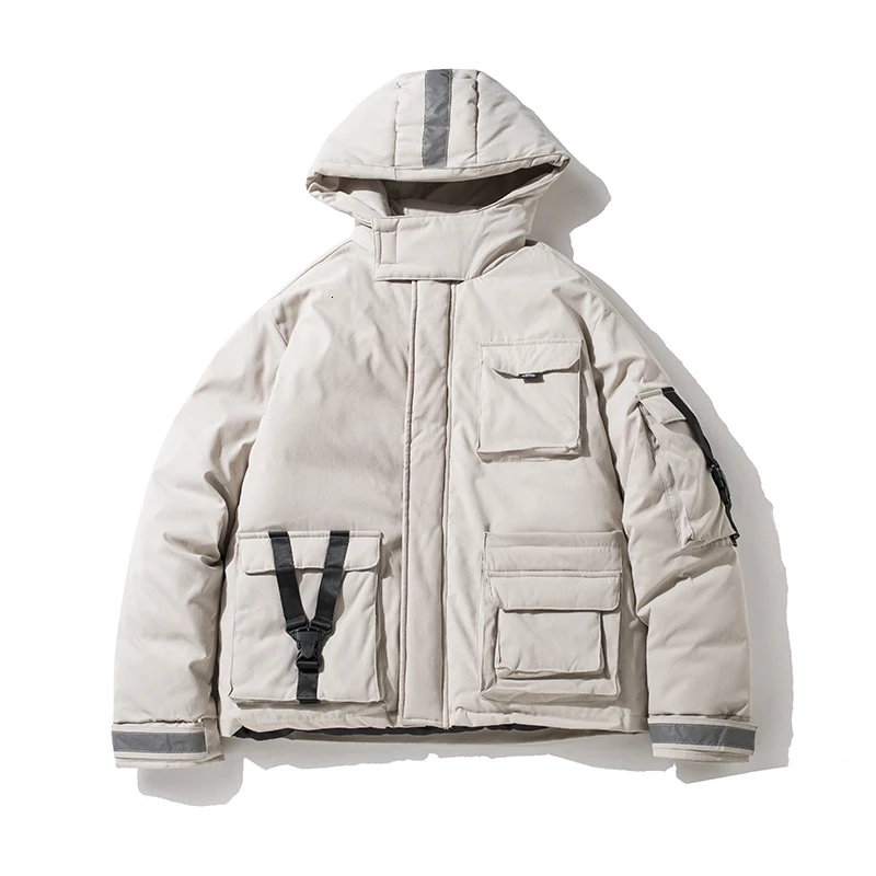 Winter Short Coat Men Warm Thick Parka Men Fashion Reflective Strip Hooded Coat Man Streetwear Loose Tooling Jacket Male Clothes