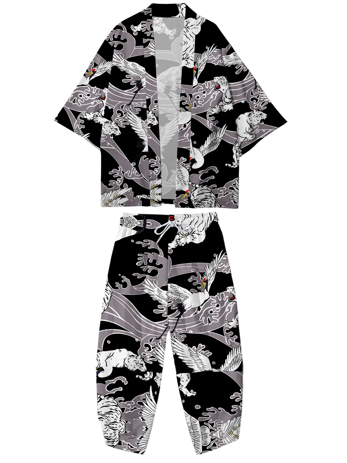 

Men Women Kimono Crane Print Cardigan And Pant Suit Japanese Clothing Haori Obi Yukata Beach Summer Kimono Cosplay Shirt