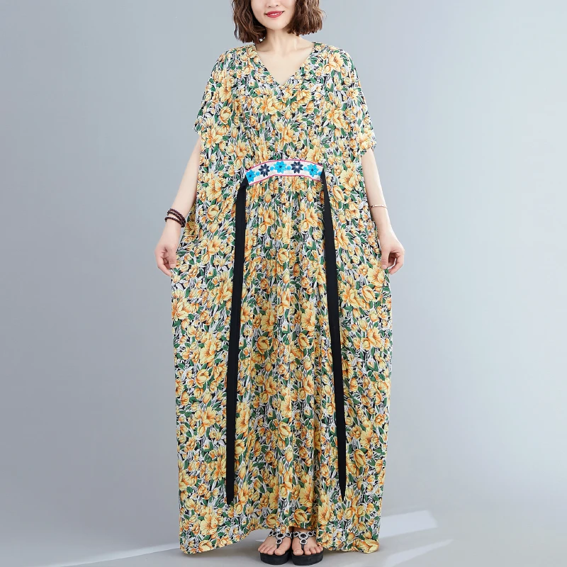 

Vestidos Sundress Summer Plus Size Large Dress Women Vintage Bat Female Belt Loose Vintage Maxi Floral Casual Dress Oversize 5XL