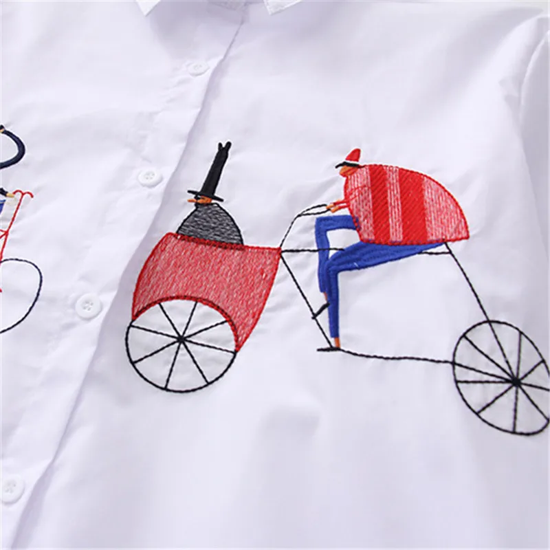 

2020 Spring Women Long Shirt Cartoon Embroidery Long sleeve White Shirt Casual Womens Tops and Blouses Loose Cotton Blouse
