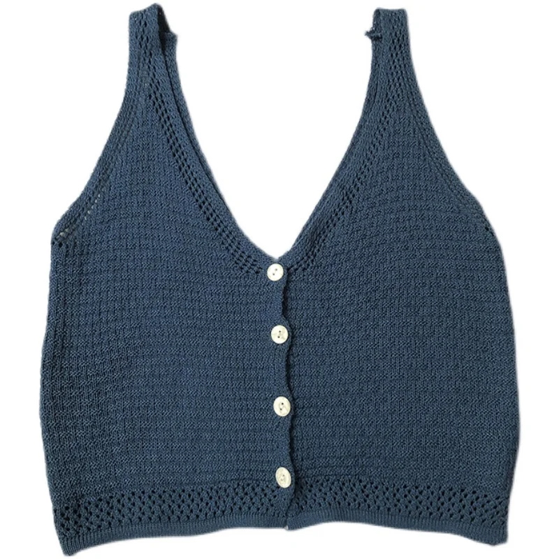 

Plaid V-neck single-breasted knit cardigan women's spring and summer Korean style sweet and thin short outer vest suspenders