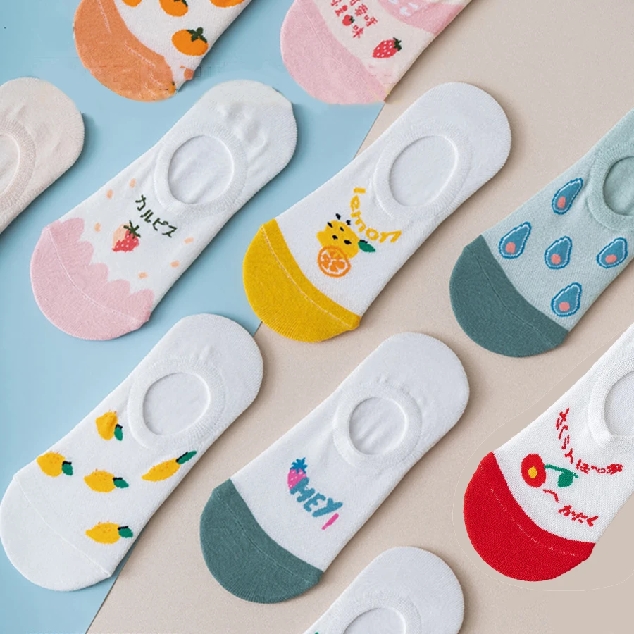 

Funny Cute No Show Socks for Women Cotton Non Slip Silicone Air Mesh Design Fruit Pattern Avocado Cherry Pink Casual Multi-pack