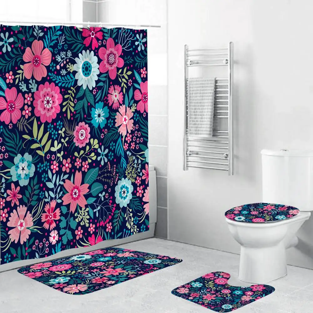 

Dafield Bathroom Set With Shower Curtain And rugs Mat Set Flower Art Decor Waterproof Non-slip Bathroom Curtain