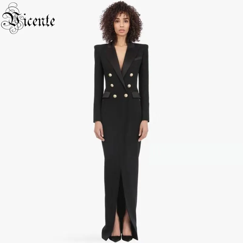 VC Бесплатная доставка 2020 черный блейзер Макси платье с пуговицами и отложным