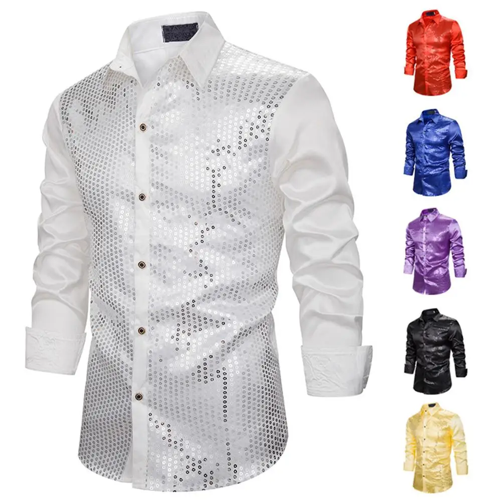 

Breathable Slim Stylish Shirts Men Long Sleeve Solid Color Turn Down Collar Shiny Sequins Shirt Performance Top Solid Color Shir