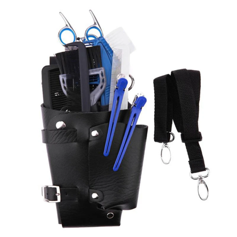 

Professional Leather Rivet Clips Bag Hairdressing Barber Scissor Holster Pouch Holder Case with Waist Shoulder Belt Black New