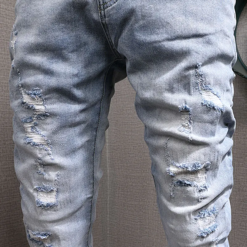 Korean Style Fashion Men Jeans Retro Light Blue Elastic Slim Fit Destroyed Ripped Jeans Men Streetwear Denim Punk Pencil Pants