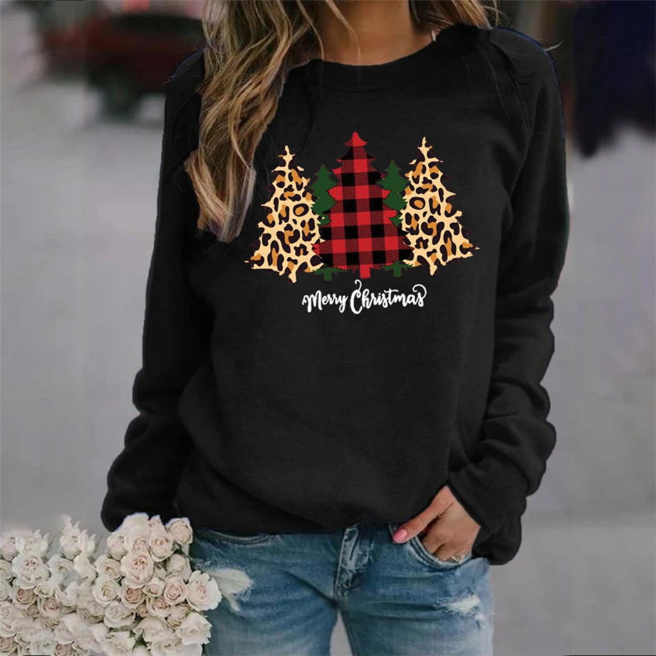 

Christmas Tee Shirt Long Sleeve Top Woman Print O-neck T-shirt 2021 Casual Female Loose Tops Tee Christmas Tree Print Tops Tee