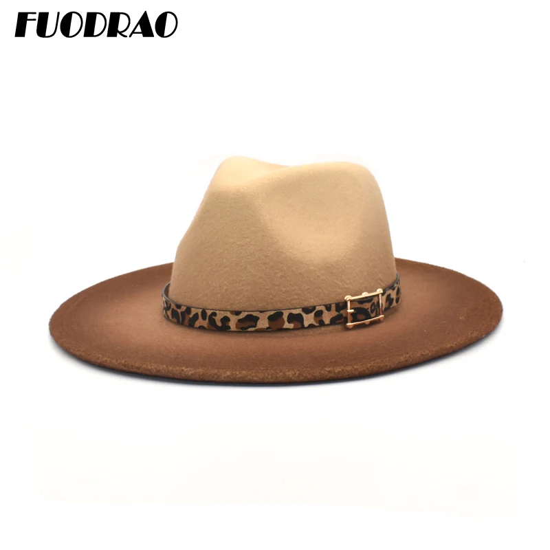 

FUODRAO New Autumn Winter Wool Fedoras Women Large Brim Bowler Hat Gradient Color Panama Vintage Cowboy Jazz Cap Men D20