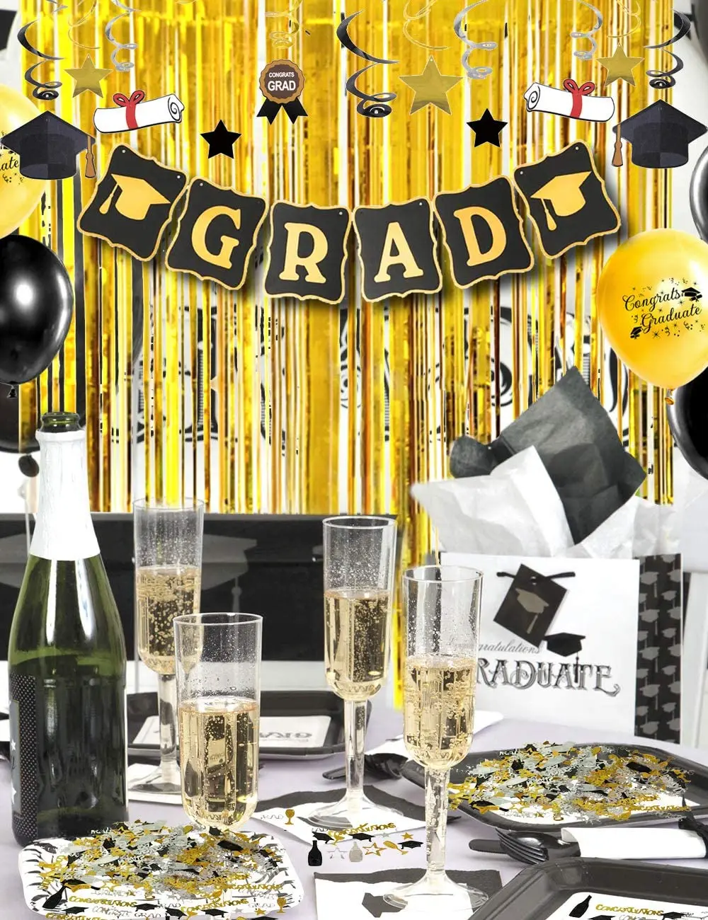 Conjunto de globos negros y dorados, banderines de felicidades, globos de confeti de graduaci&oacute;n, faja de graduaci&oacute;n para decoraciones de Graduaci&oacute;n-3