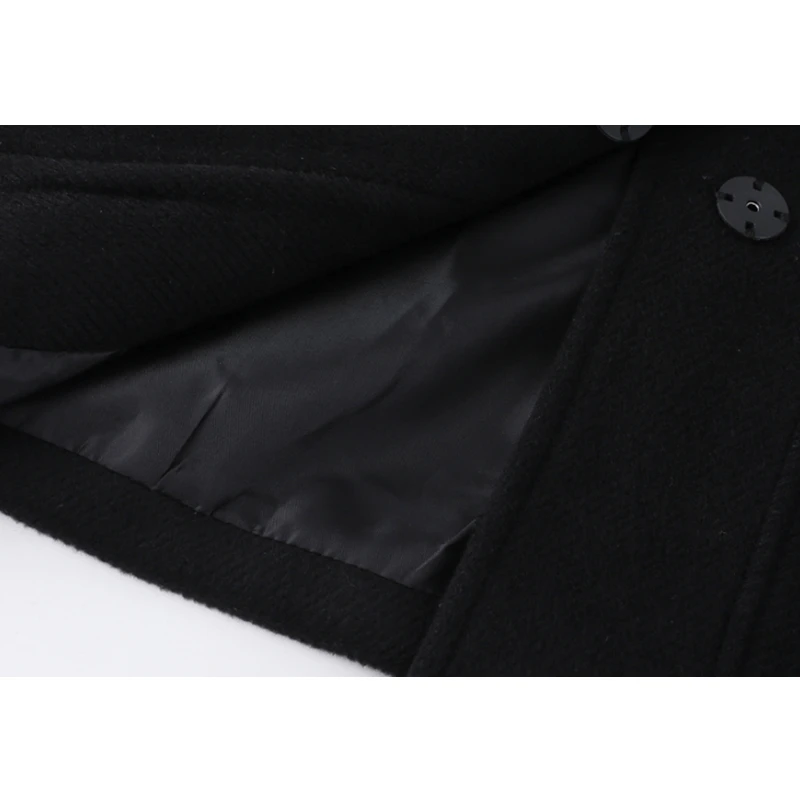 Женское шерстяное пальто на пуговицах Черное короткое хлопковое с капюшоном в