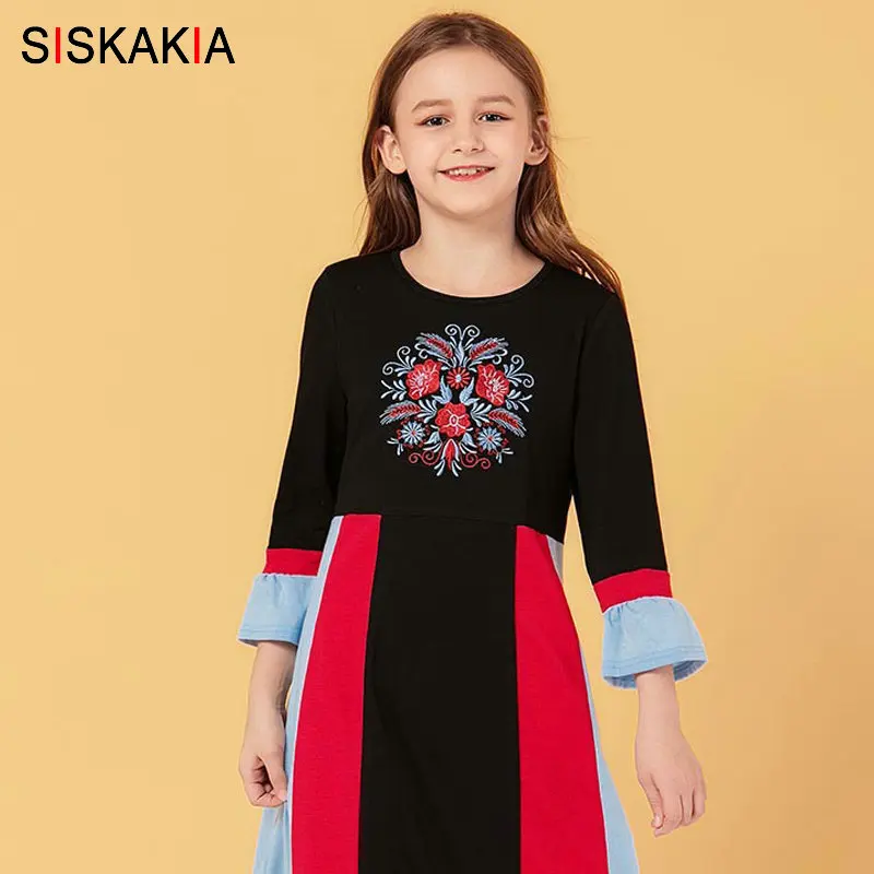 Siskakia Mama And Daughter Dress Long Family Matching Outfits Mother Big Girls Maxi Dresses Cotton Color Block Floral Embroidery | Мать и