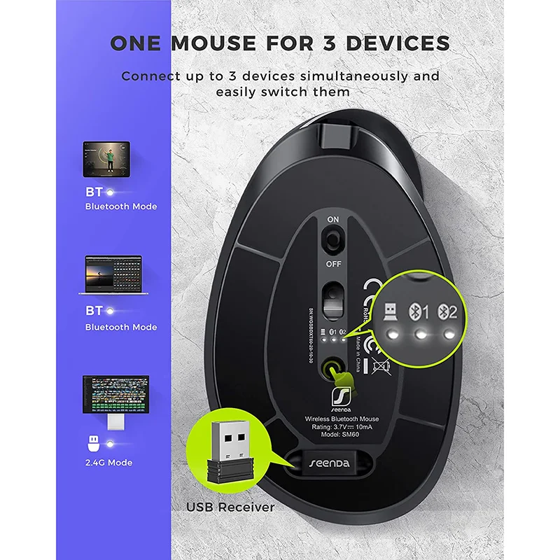 seenda bluetooth wireless mouse vertical rechargeable ergonomic mice 2 4g usb mouse for computer laptop notebook gaming mause free global shipping