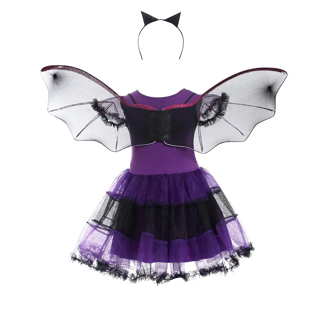 

New Children Kids Halloween Girls Cosplay Bat Dress With Wing Headband Halloween Cosplay Party Costume Sets For Carnival Clothes