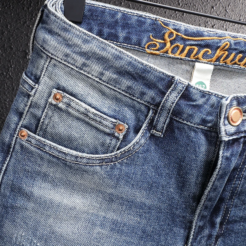 Newly Vintage Fashion Men Jeans High Quality Retro Blue Elastic Slim Fit Plain Jeans Men Classical Simple Designer Denim Pants