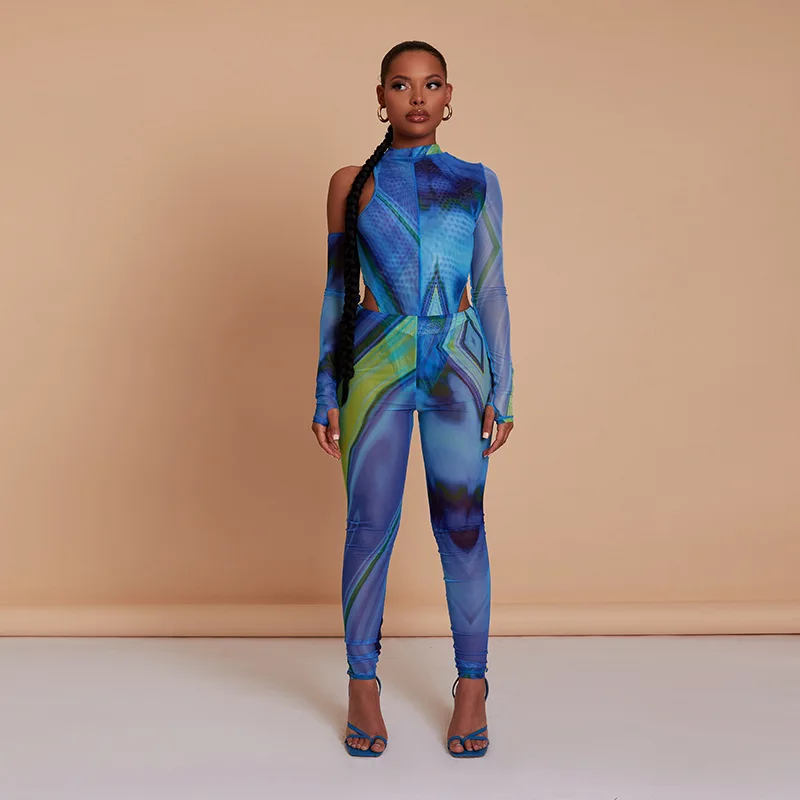 

Women Sexy Blue Camo Skinny Onesie Long Sleeve See Through Bodysuits Club Party Streetwear Bodycon Jumpsuits Ladies Pantsuits