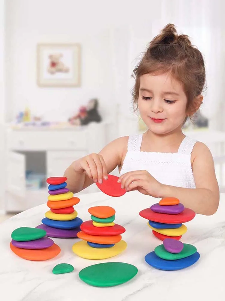 Rainbow Cobblestones Crazy Stacking Stones Correspond Blocks To Cards Children Shape Cognition Imagination Creativity Table Toy