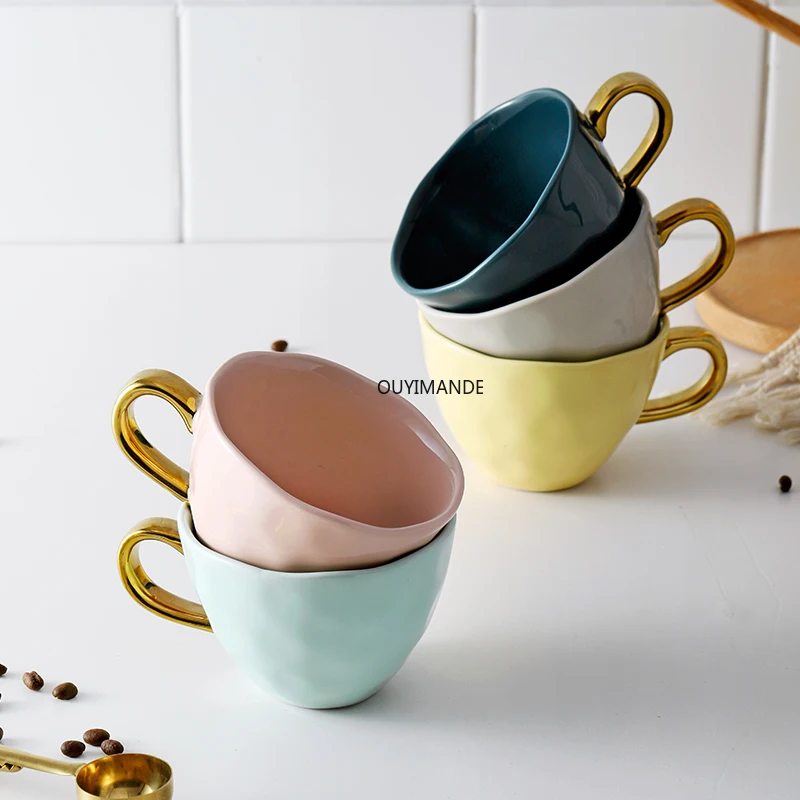 

Color Glaze Ceramic Mugs With Gold Handle Nordic Home Kitchen Tableware Decor Simple Office Drink Coffee Tea Milk Water Cup Gift