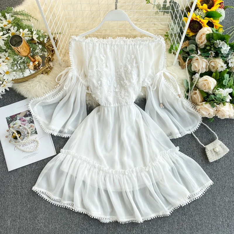 

2021 summer female sweet lace lace flared sleeve sexy one-shoulder chiffon dress