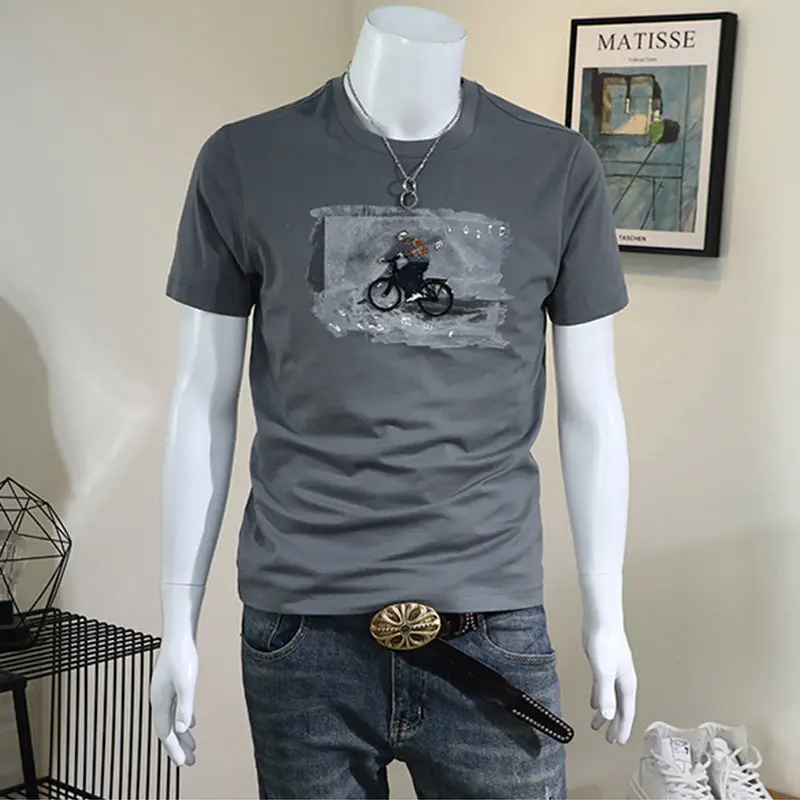 

Men's short sleeve T-shirt summer figure embroidery print new personalized youth round neck trend slim top