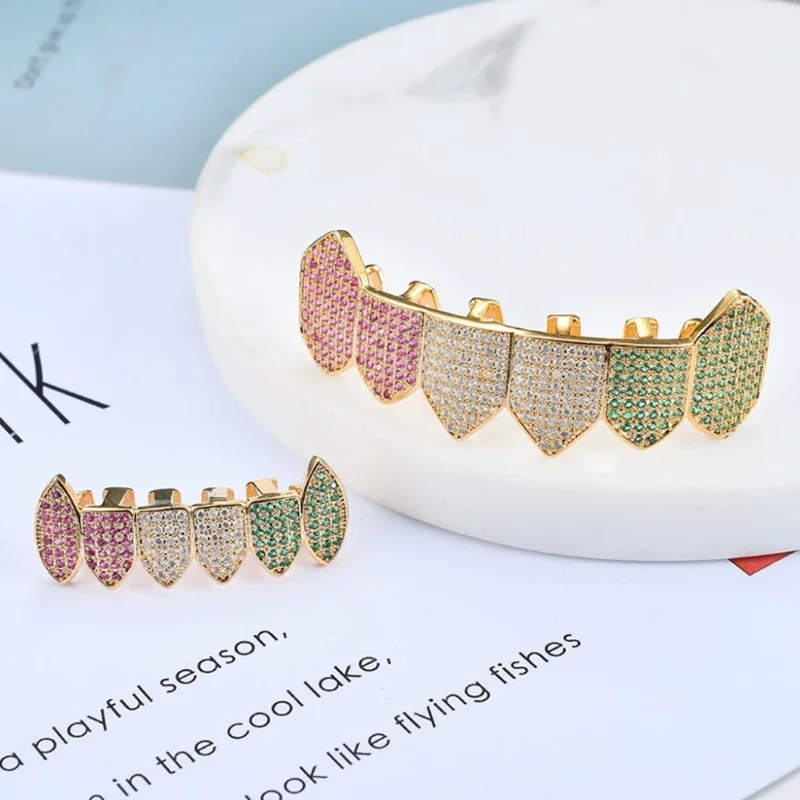 Хип-хоп многоцветные зубные колпачки Fang с фианитом сверху и снизу набор грилей