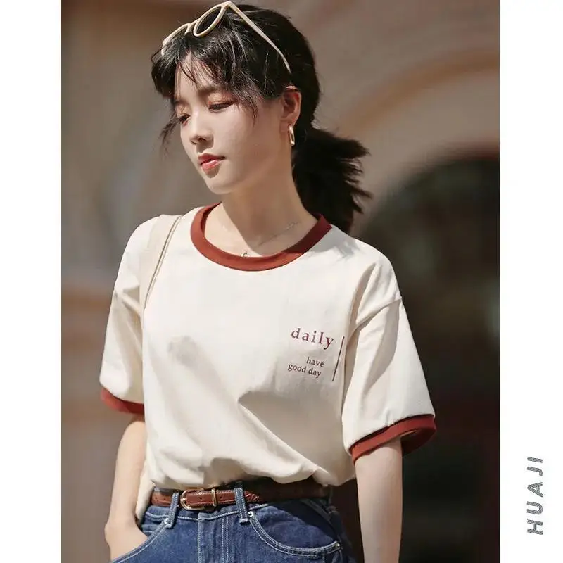 

100% Cotton Apricot Letter Print Round Collar Wild Short-sleeved T-shirt Female 2021 New Contrast Color Summer Loose English Top