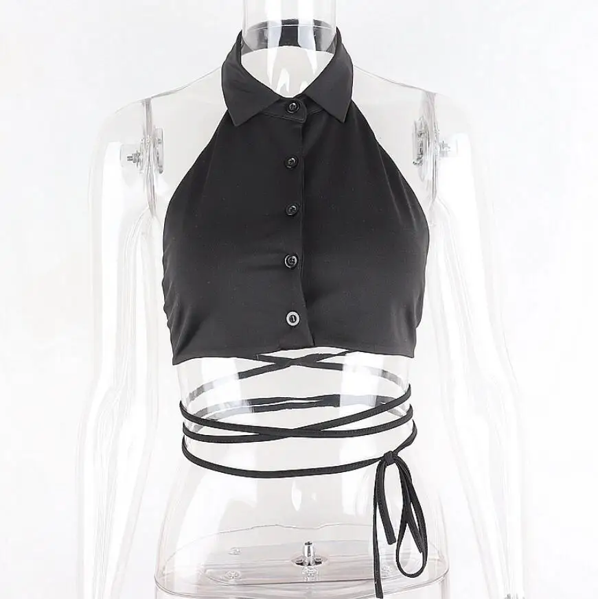 

Fashion Turn-down Collar Sleeveless Lace Up Sexy Tank Tops Women Lace Up With Buttons Backless Slim Solid Trendy Crop Top q96