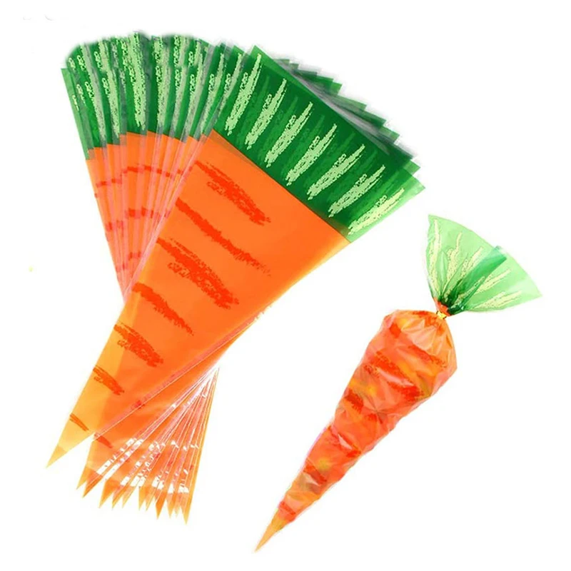 

50pcs Easter Carrot Transparent Cone Cello Bags Carrot Shaped Green Top Goody Bags Triangle Plastic Bags for Easter Party Decors