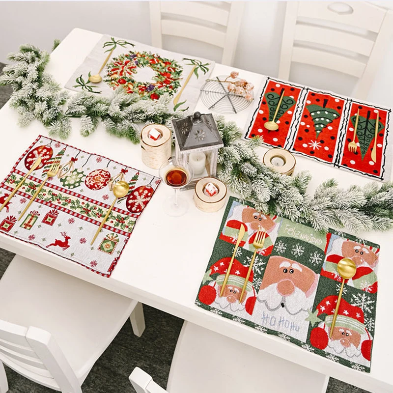 

2021 Christmas Dinner Party Table Mat Decor Santa Claus Knitting Square Placemat Xmas Home Decoration Restaurant New Year 2022