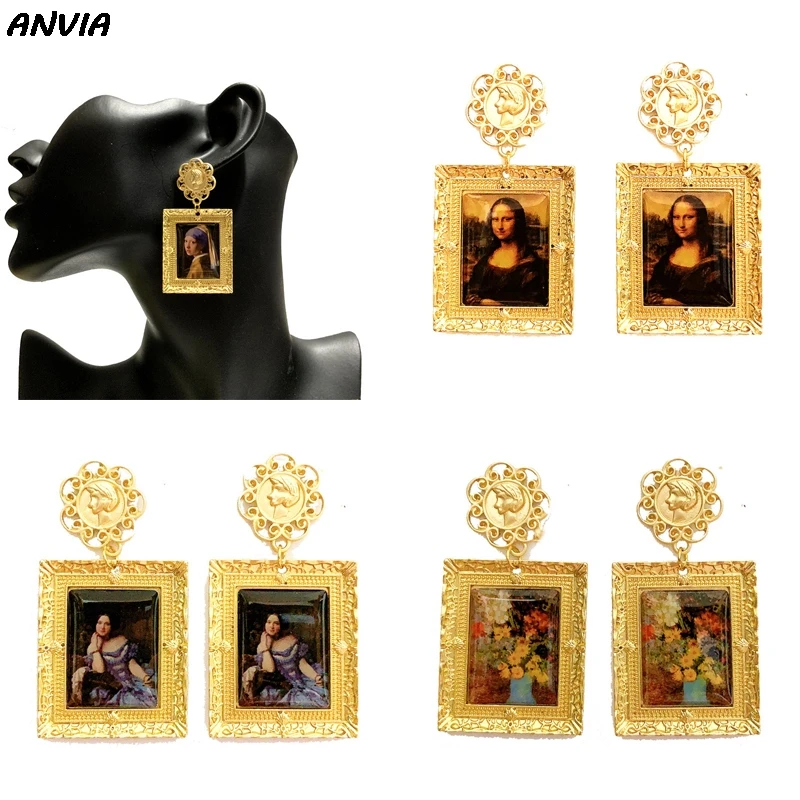 

Popular Mona Lisa Vintage Drop Earrings For Women Vermeer Famous Painting Accessories Baroque Exaggerate Dangle Earrings Party
