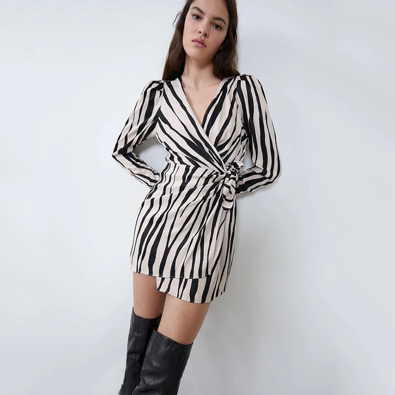 Женское платье в полоску ZA богемном стиле с V образным вырезом длинным рукавом и