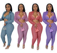 plaid sexy 3 piece set women halter backless bra top turn down collar long sleeve zippers coat pencil pants festival outfits