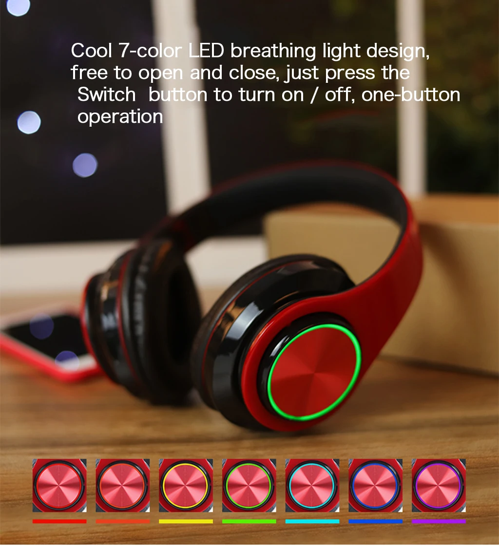B39беспроводные bluetooth-наушники, светодиодный, красочные, дышащие, портативные, складные, встроенные, FM, с микрофоном, поддержка TF карты, mp3-плеер