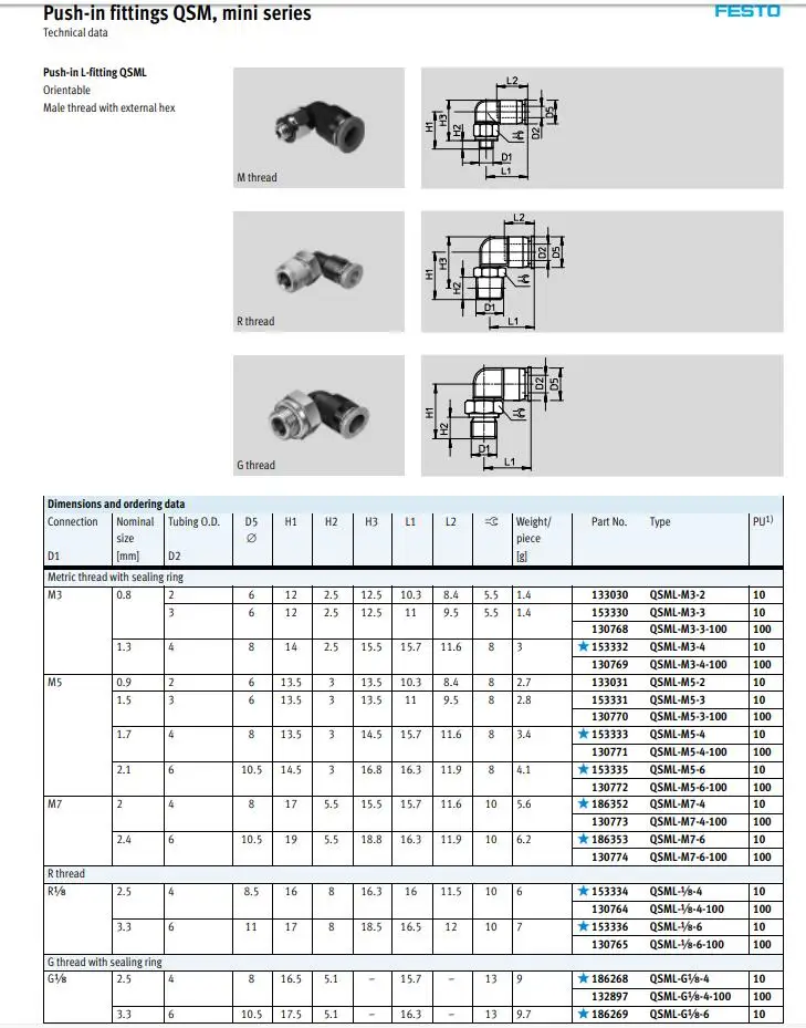 QSML-M3-4 QSML-M5-4 QSML-M5-6 QSML-M7-4 QSM-M7-6-I-R Festo Быстрой вставки резьбовое соединение воздушные инструменты разъем QSML серии