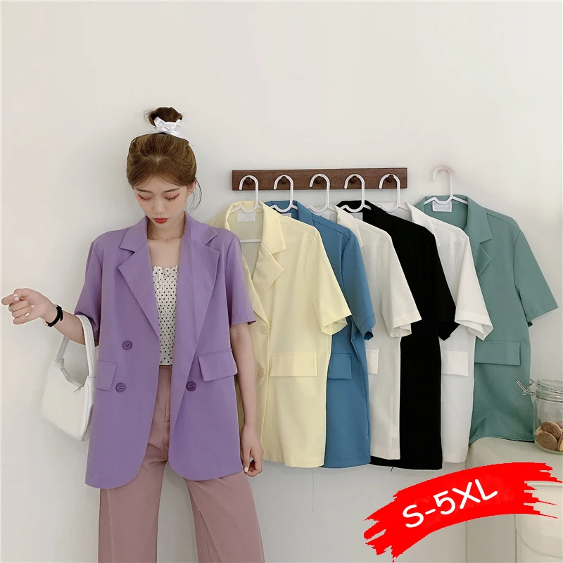 

Женский офисный блейзер с коротким рукавом, модный двубортный свободный фиолетовый блейзер в Корейском стиле, 7 цветов, лето 2021