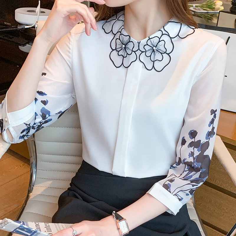 

White Blouse Female 2021 Summer New Three-Quarter Sleeve Chiffon Shirt Office Lady Design Sense All-Match Tops Camisas De Mujer