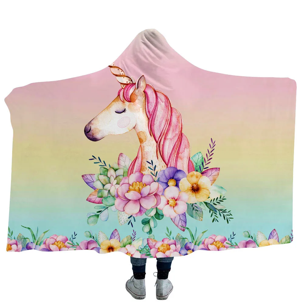 color9 Unicorn Hooded Blanket For Adults Childs Cartoon 3D Printed Sherpa Fleece Blanket Microfiber Wearable Throw Blanket For Home Bed - Color: color9