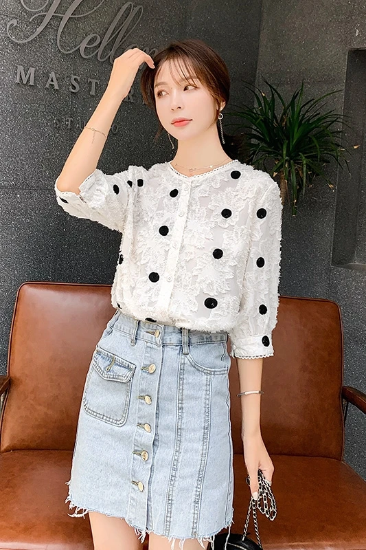 

COIGARSAM Chiffon Shirt Womens tops New Spring Half Sleeve Polka Dot Women shirts White Apricot 1943