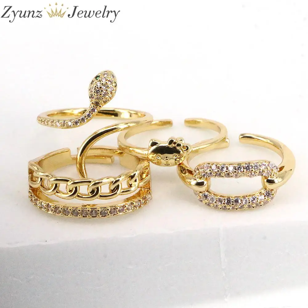 

10 шт., изысканная Золотая Змеиная Кожа звено цепи кольца свадебные с кубическим Цирконом кольцо для Для женщин заявление геометрический Мно...