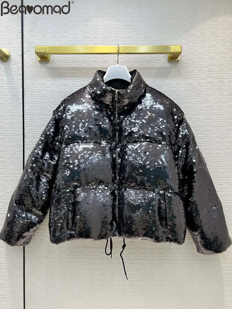 

Bearomad Fashion Woman Winter Black Loose To Keep Warm Down Jacket Stand Collar Sequins Removable Long Sleeve Outer Take Coat