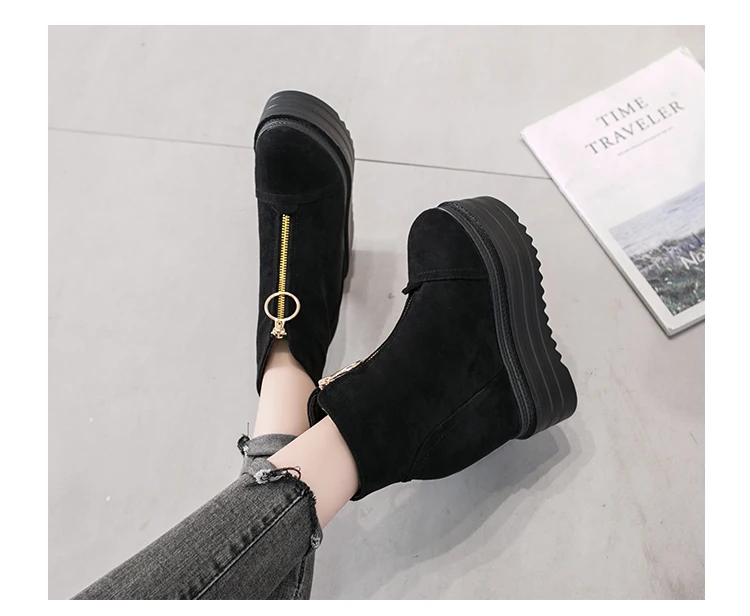 

Increase Heel Boots Lady Front Zipper Super High Heel Platform Ankle Boots Wedges